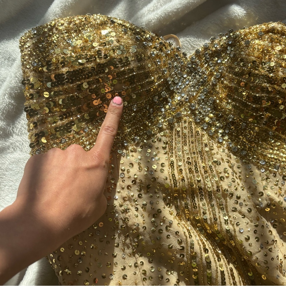 Basix Black Label Gold Sequin beaded embellished silk stone Strapless mini Dress - Picture 9 of 17